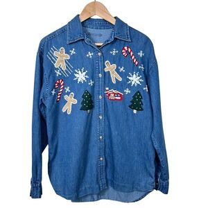 VTG 80s 90s Christmas Denim Shirt Embroidered Rare holiday clothing festive FLAW